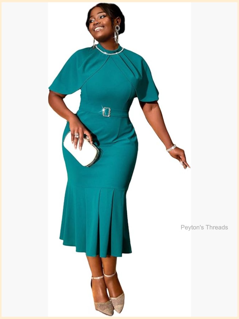 Cape Sleeve Beaded Bodycon Midi Dress With Belt
